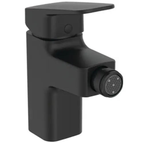 Bidetarmatur von Ideal Standard in Schwarz, mit schlichtem Design und seitlichem Hebel zur Temperatur- und Durchflusssteuerung. Der Auslass ist runder und mit einem Sprudler ausgestattet.